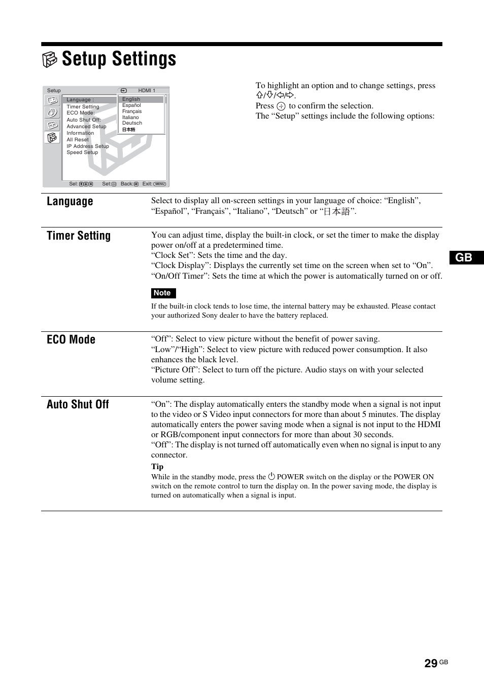 Setup settings, Language, Timer setting | Eco mode, Auto shut off | Sony FWD-32LX2F User Manual | Page 69 / 255