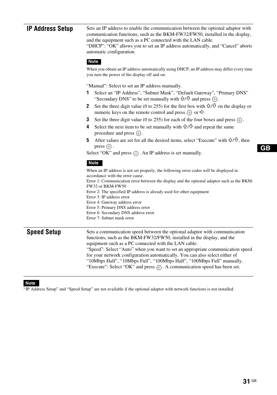 Ip address setup, Speed setup | Sony FWD-32LX2F User Manual | Page 71 / 255