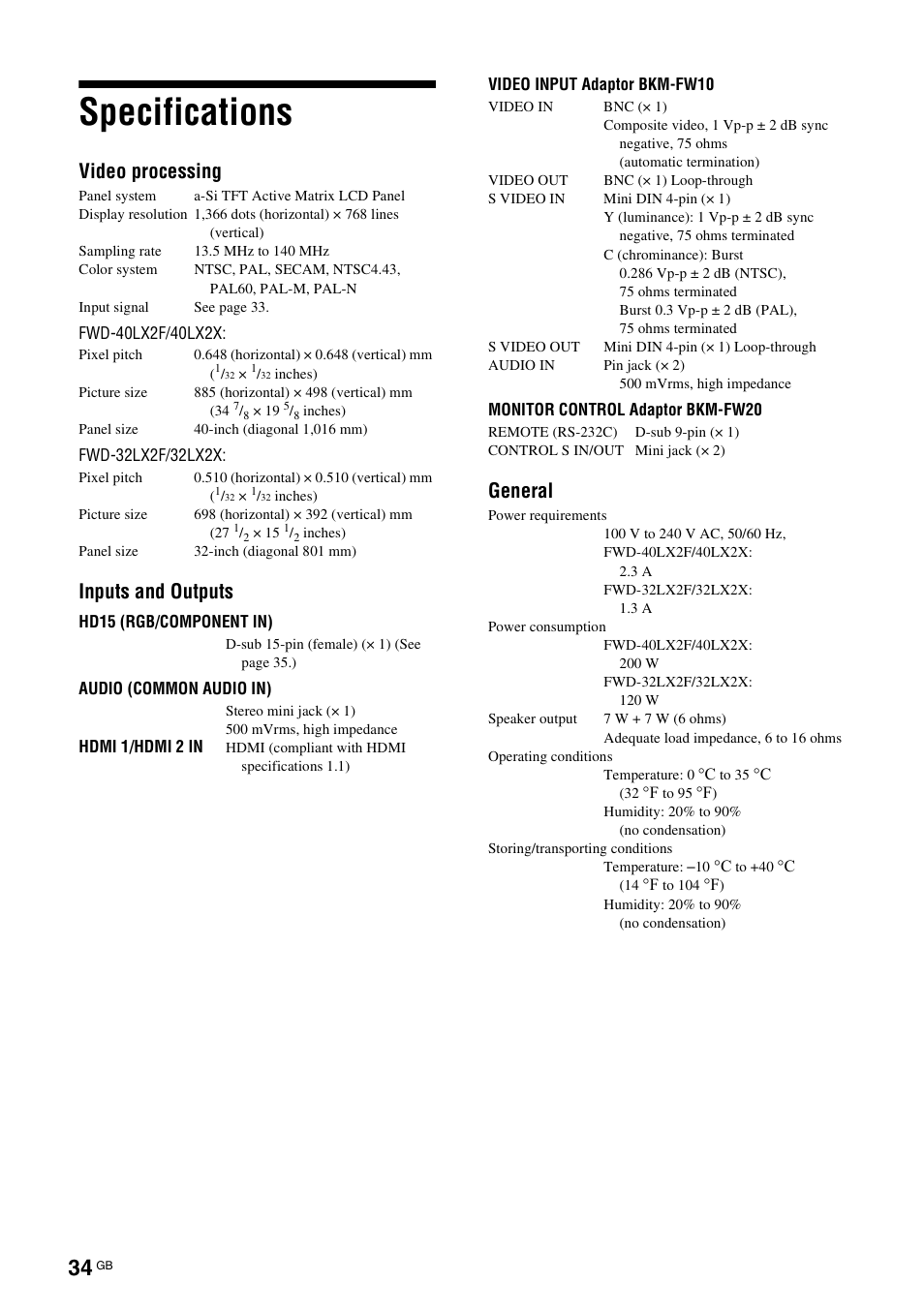 Specifications, Video processing, Inputs and outputs | General | Sony FWD-32LX2F User Manual | Page 74 / 255