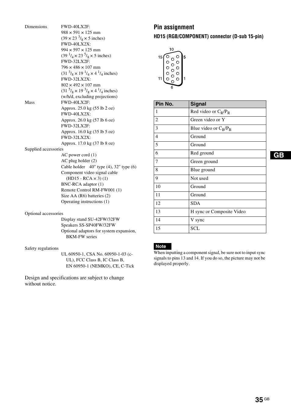 Pin assignment | Sony FWD-32LX2F User Manual | Page 75 / 255