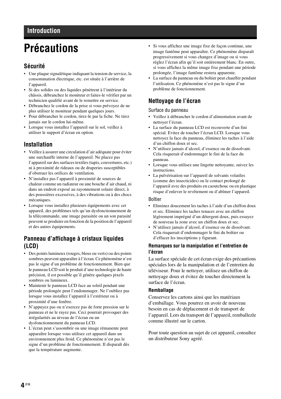 Introduction, Précautions, Sécurité | Installation, Panneau d’affichage à cristaux liquides (lcd), Nettoyage de l’écran | Sony FWD-32LX2F User Manual | Page 80 / 255