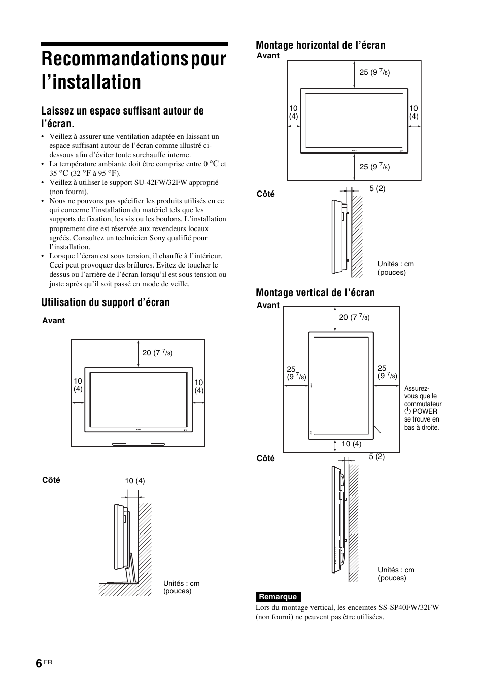 Recommandations pour l’installation, Laissez un espace suffisant autour de l’écran | Sony FWD-32LX2F User Manual | Page 82 / 255