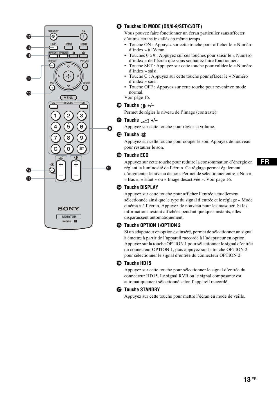 9touches id mode (on/0-9/set/c/off), 0touche, Qa touche | Qs touche, Qd touche eco, Qf touche display, Qg touche option 1/option 2, Qh touche hd15, Qj touche standby | Sony FWD-32LX2F User Manual | Page 89 / 255