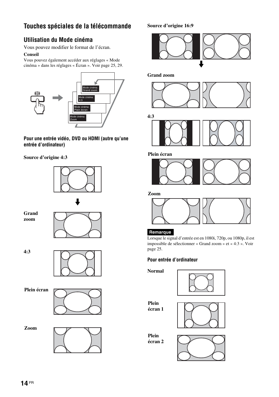 Touches spéciales de la télécommande, Utilisation du mode cinéma | Sony FWD-32LX2F User Manual | Page 90 / 255