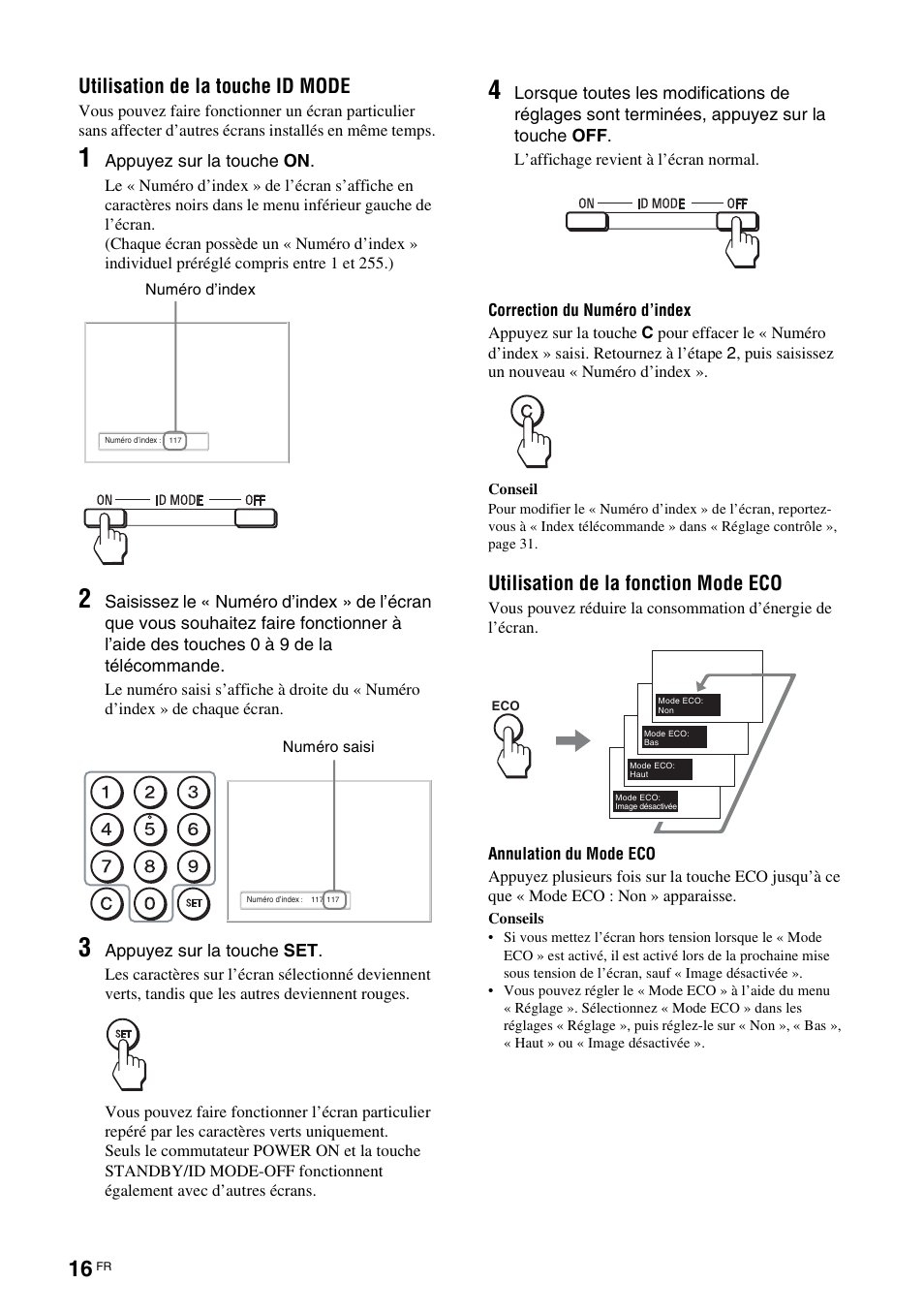 Utilisation de la touche id mode, Utilisation de la fonction mode eco | Sony FWD-32LX2F User Manual | Page 92 / 255