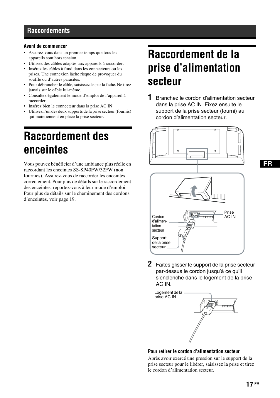 Raccordements, Raccordement des enceintes, Raccordement de la prise d’alimentation secteur | Sony FWD-32LX2F User Manual | Page 93 / 255