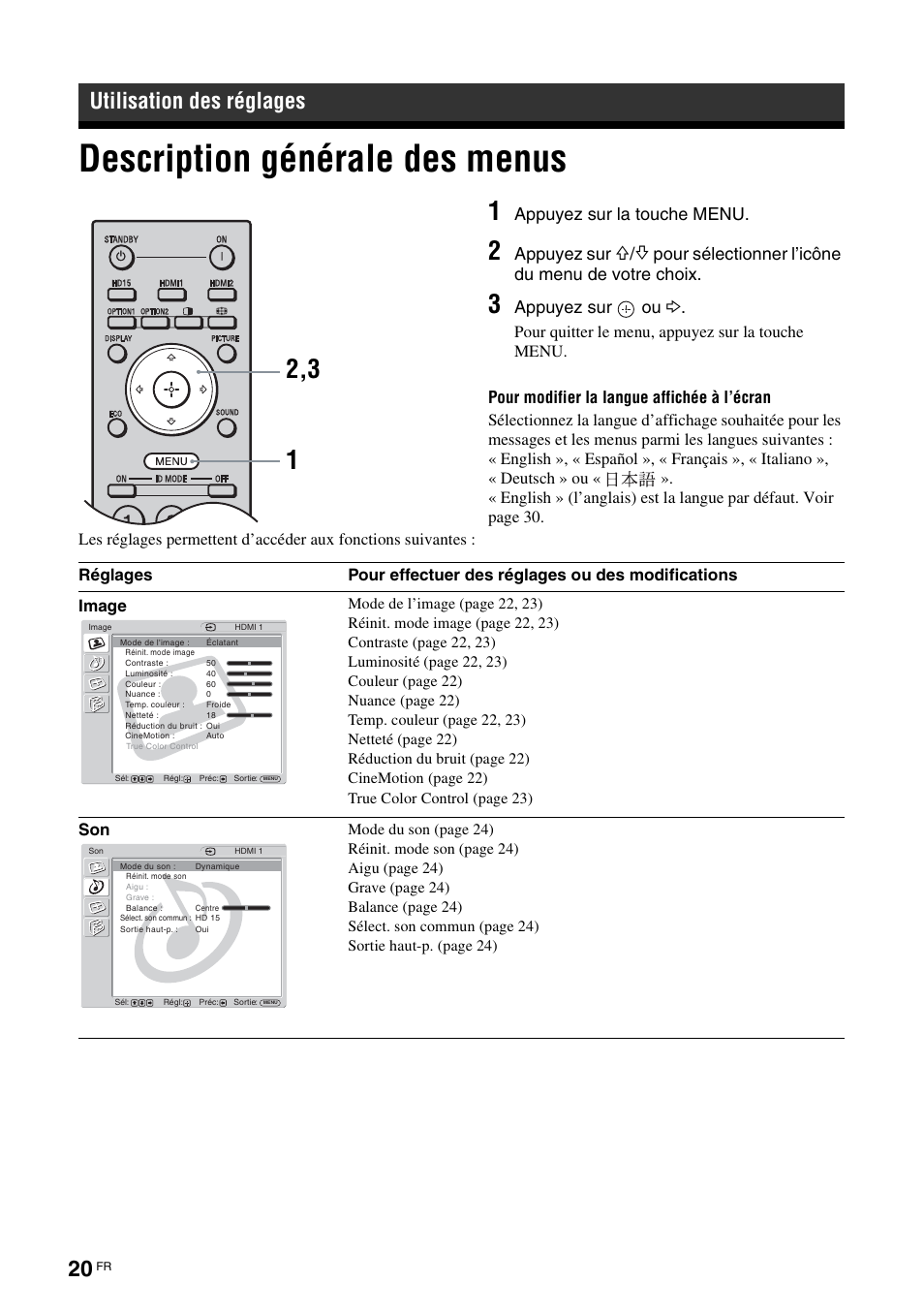 Utilisation des réglages, Description générale des menus, Appuyez sur la touche menu | Appuyez sur, Pour sélectionner l’icône du menu de votre choix, Appuyez sur ou | Sony FWD-32LX2F User Manual | Page 96 / 255