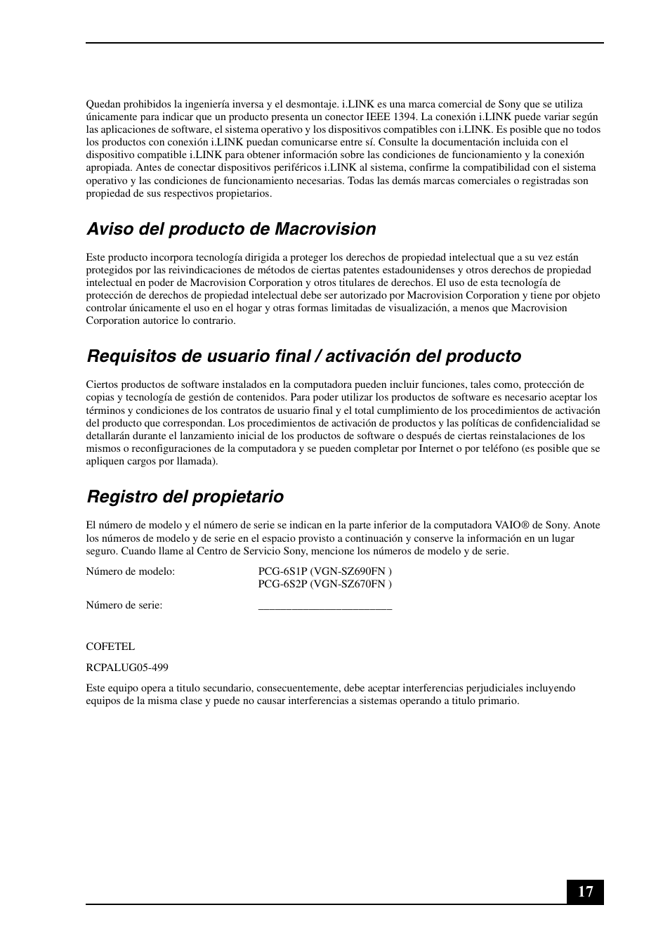 Aviso del producto de macrovision, Registro del propietario | Sony VGN-SZ640N User Manual | Page 17 / 28