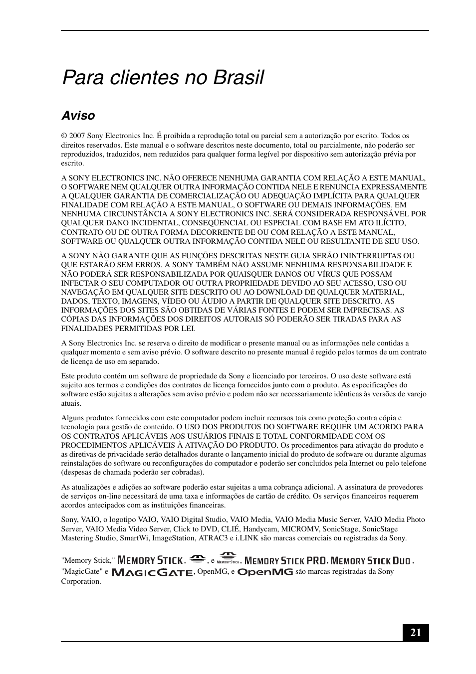 Para clientes no brasil, Aviso | Sony VGN-SZ640N User Manual | Page 21 / 28