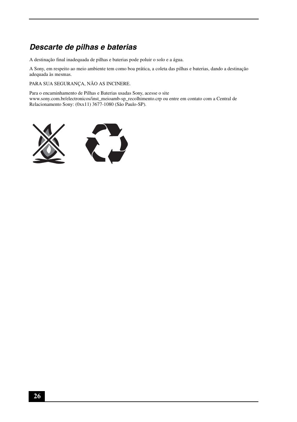 Descarte de pilhas e baterias | Sony VGN-SZ640N User Manual | Page 26 / 28