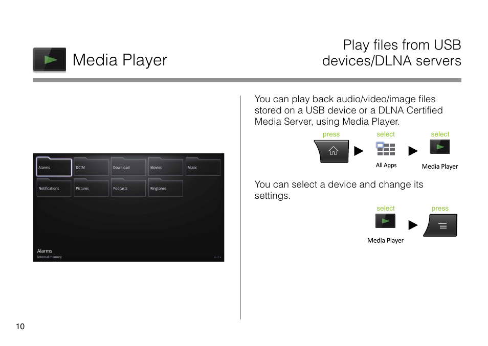 Media player, Play files from usb devices/dlna servers | Sony NSZ-GS8 User Manual | Page 10 / 16