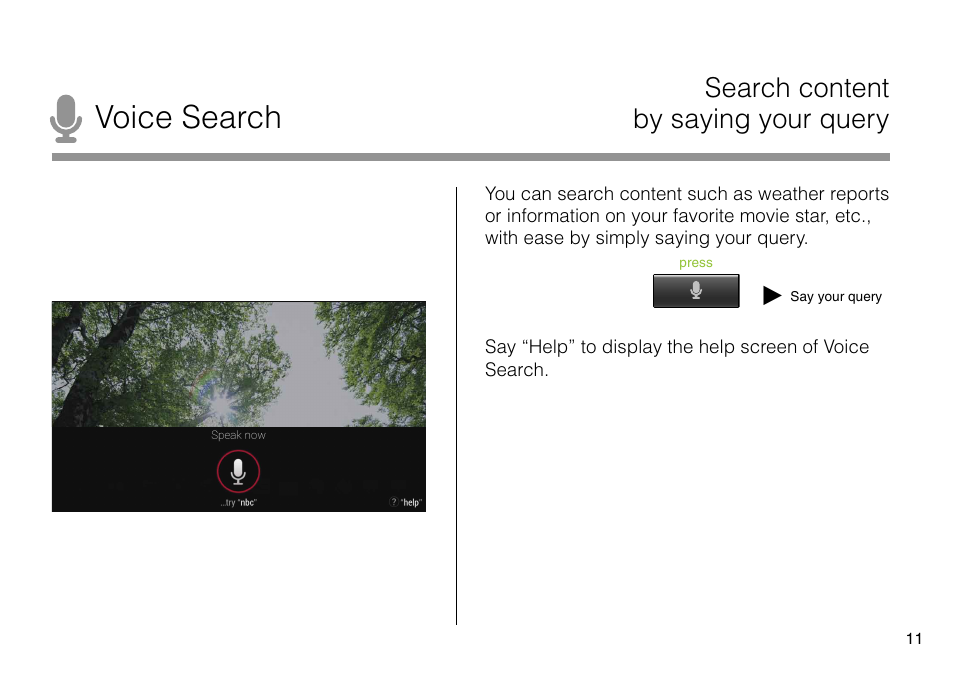 Voice search, Search content by saying your query | Sony NSZ-GS8 User Manual | Page 11 / 16