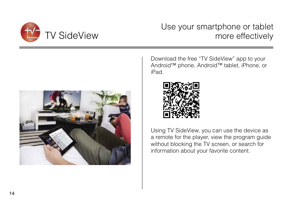 Tv sideview, Use your smartphone or tablet more effectively | Sony NSZ-GS8 User Manual | Page 14 / 16
