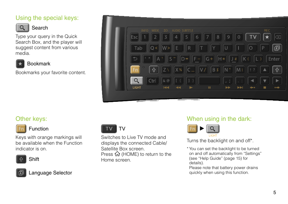 Using the special keys, Other keys, When using in the dark | Sony NSZ-GS8 User Manual | Page 5 / 16