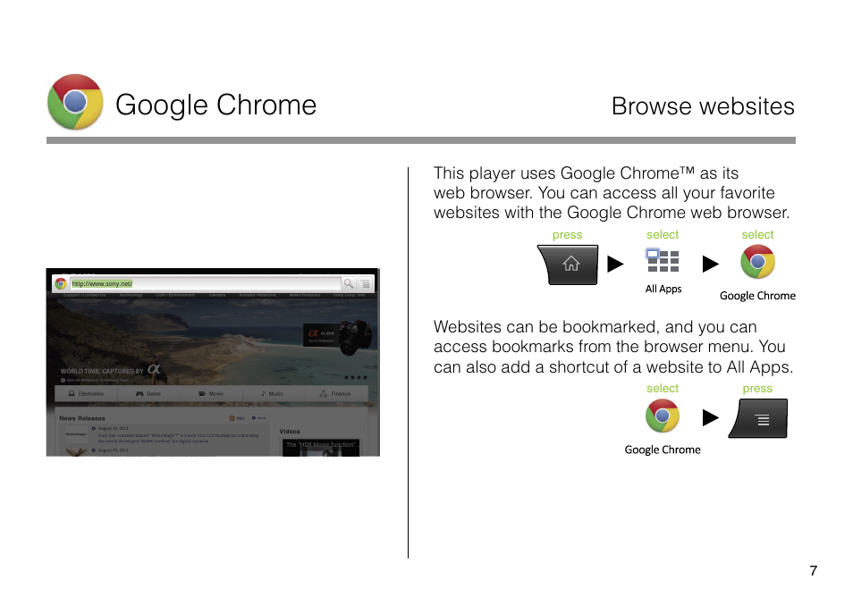 Google chrome, Browse websites | Sony NSZ-GS8 User Manual | Page 7 / 16