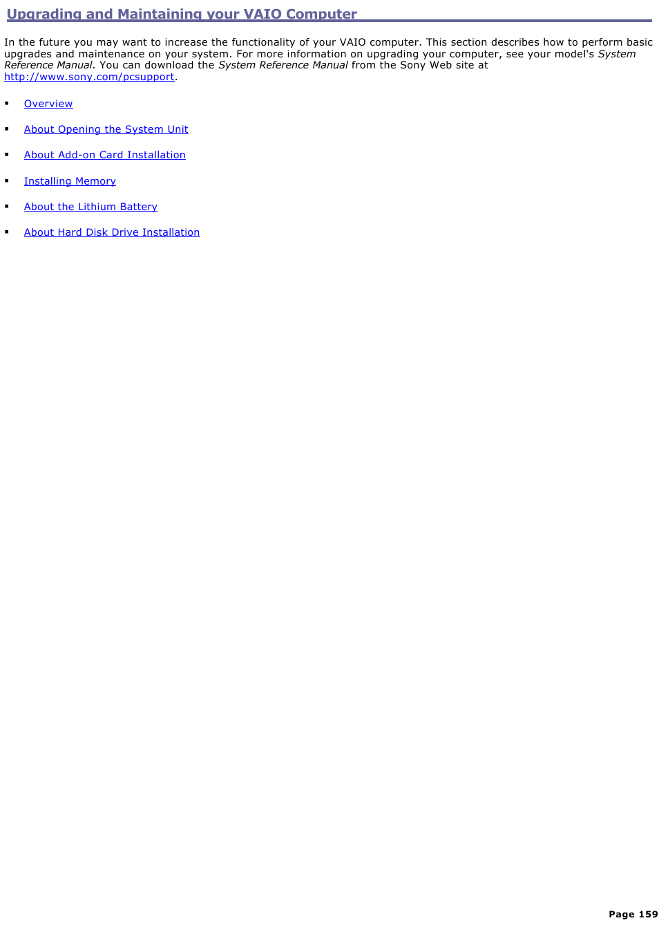 Upgrading and maintaining your vaio computer | Sony PCV-RZ30GN4 User Manual | Page 159 / 223