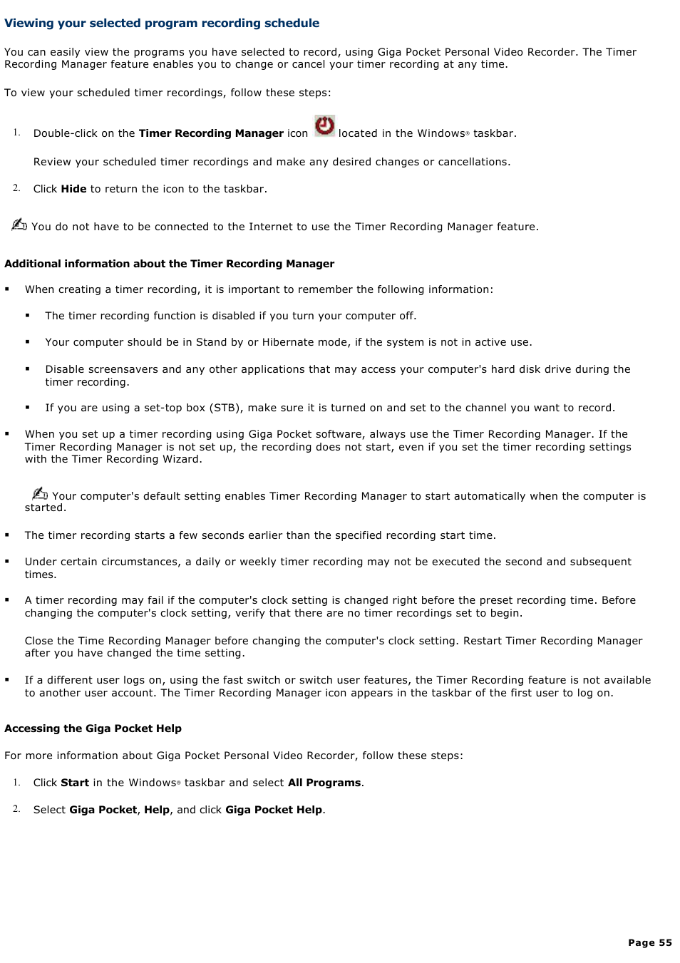 Viewing your selected program recording schedule | Sony PCV-RZ30GN4 User Manual | Page 55 / 223