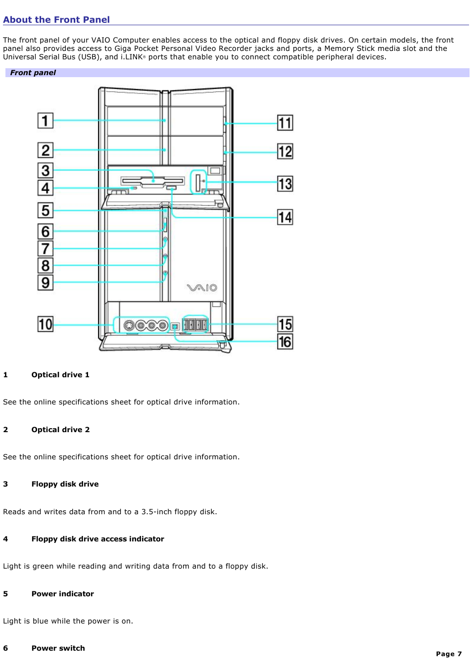 About the front panel | Sony PCV-RZ30GN4 User Manual | Page 7 / 223