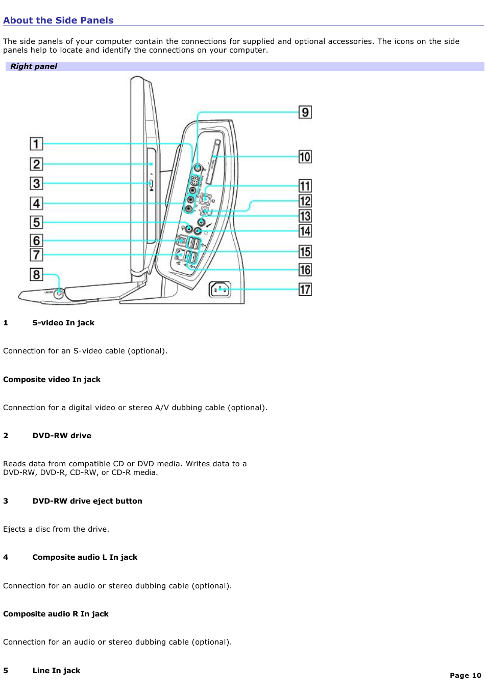 About the side panels | Sony PCV-W510G User Manual | Page 10 / 129