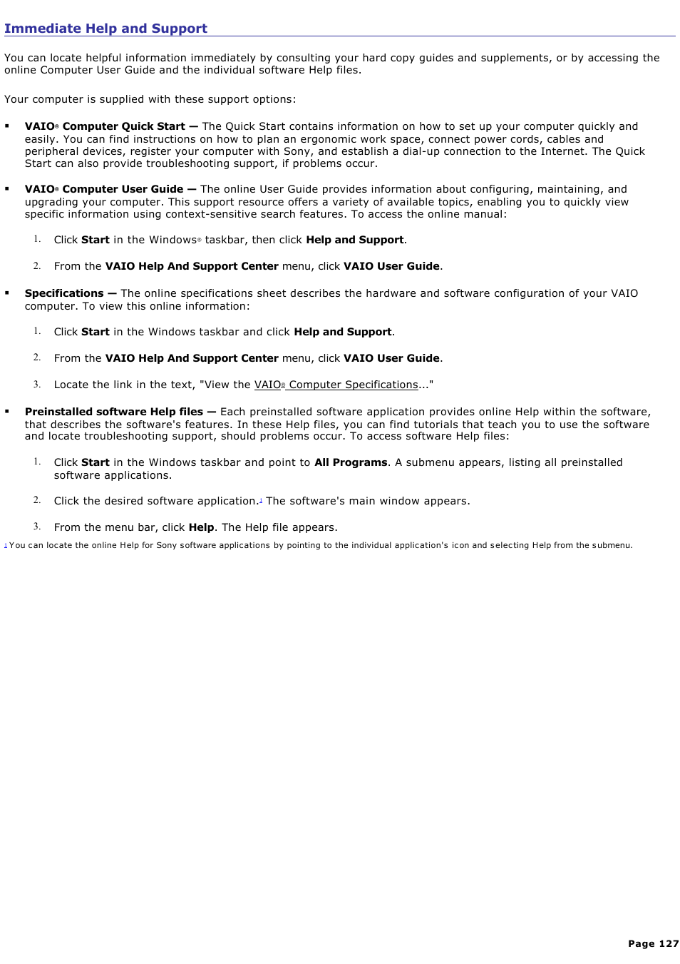 Immediate help and support | Sony PCV-W510G User Manual | Page 127 / 129