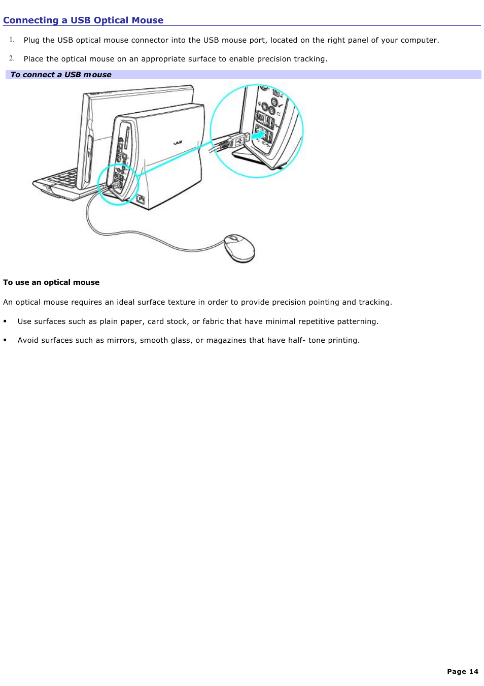 Connecting a usb optical mouse | Sony PCV-W510G User Manual | Page 14 / 129