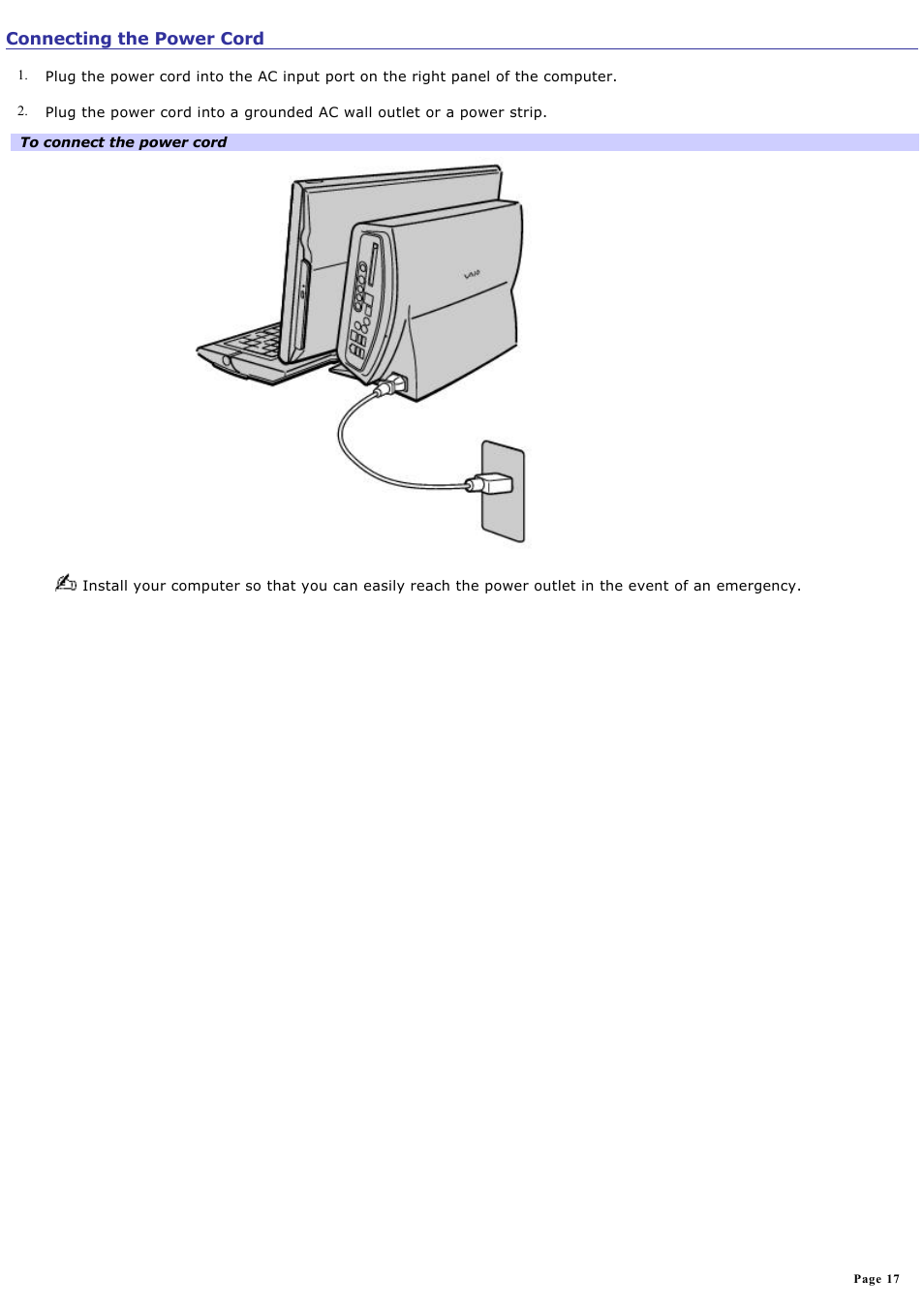 Connecting the power cord | Sony PCV-W510G User Manual | Page 17 / 129