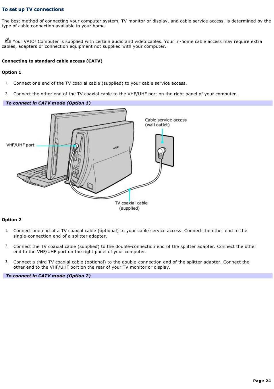 To set up tv connections | Sony PCV-W510G User Manual | Page 24 / 129