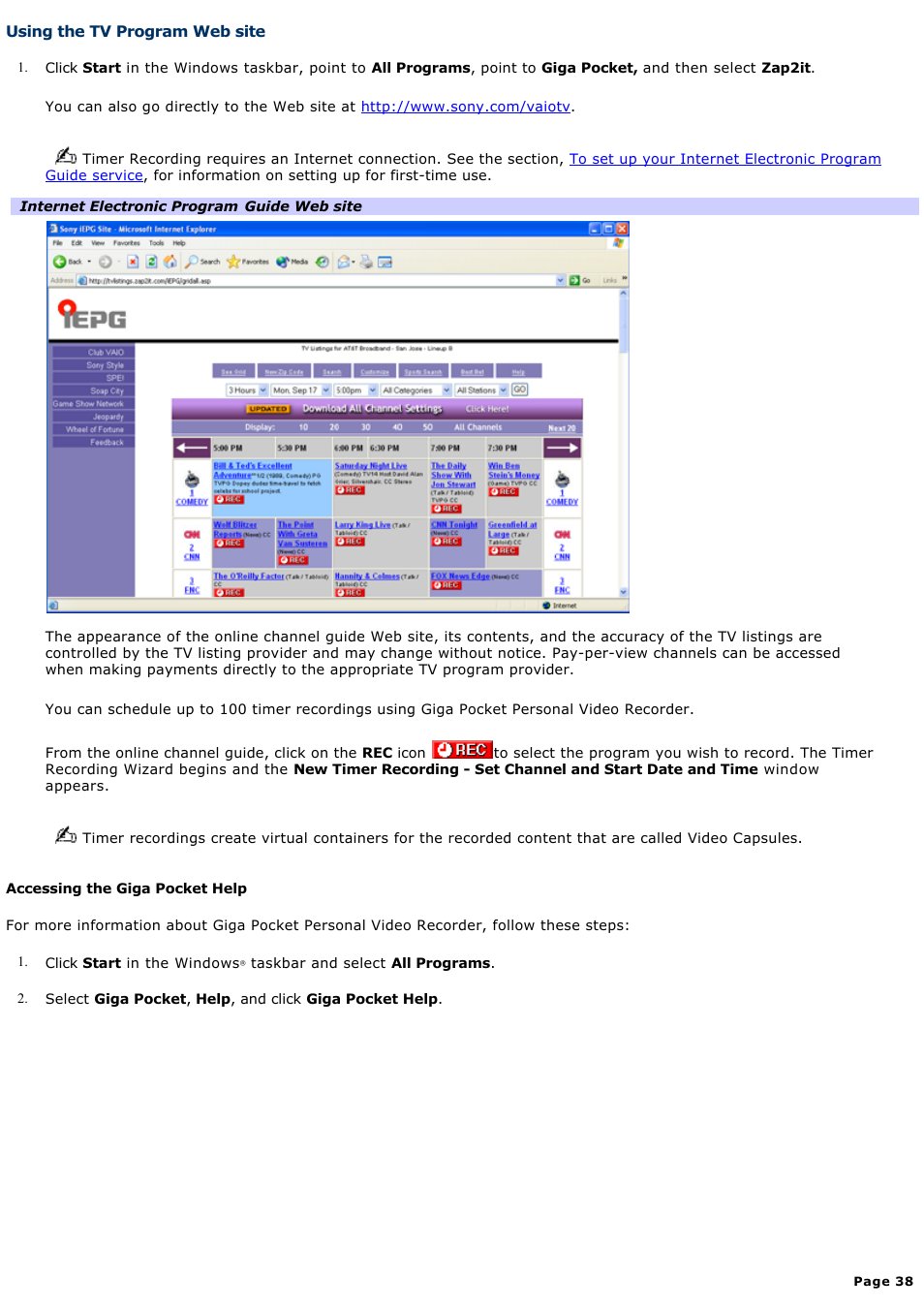 Using the tv program web site | Sony PCV-W510G User Manual | Page 38 / 129