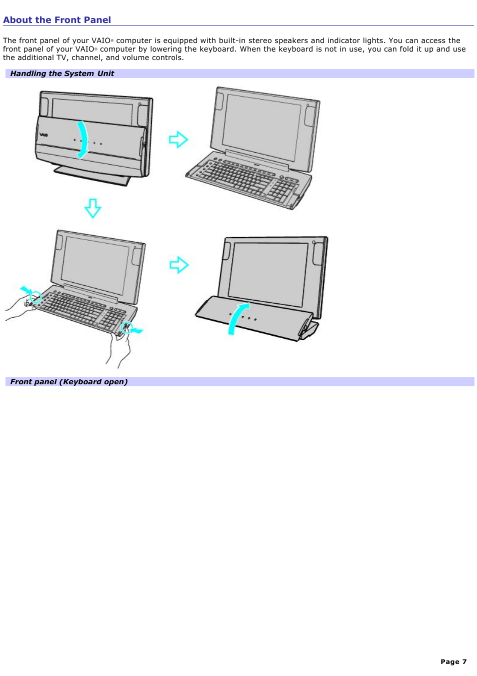 About the front panel | Sony PCV-W510G User Manual | Page 7 / 129