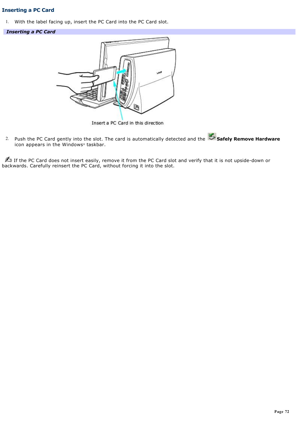 Inserting a pc card | Sony PCV-W510G User Manual | Page 72 / 129