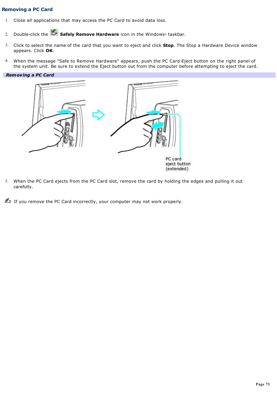 Removing a pc card | Sony PCV-W510G User Manual | Page 73 / 129