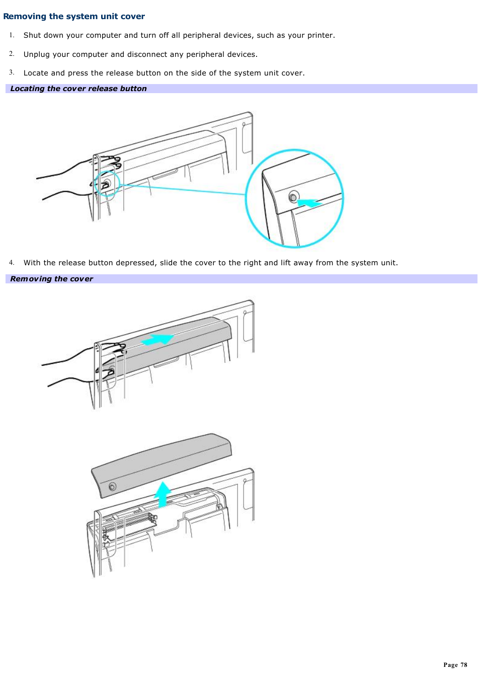 Removing the system unit cover | Sony PCV-W510G User Manual | Page 78 / 129