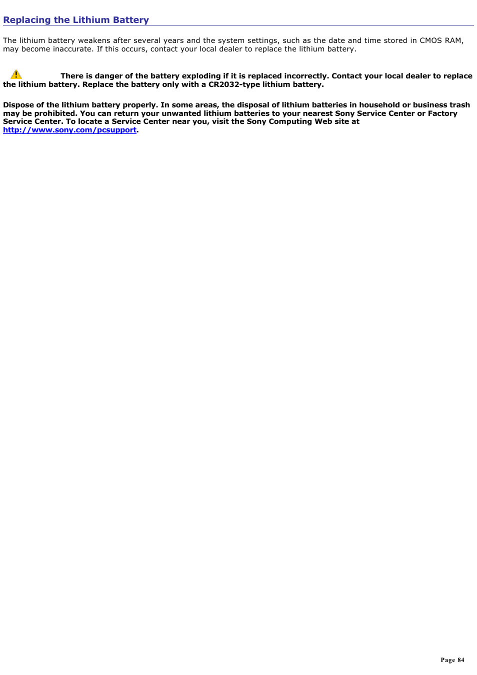 Replacing the lithium battery | Sony PCV-W510G User Manual | Page 84 / 129