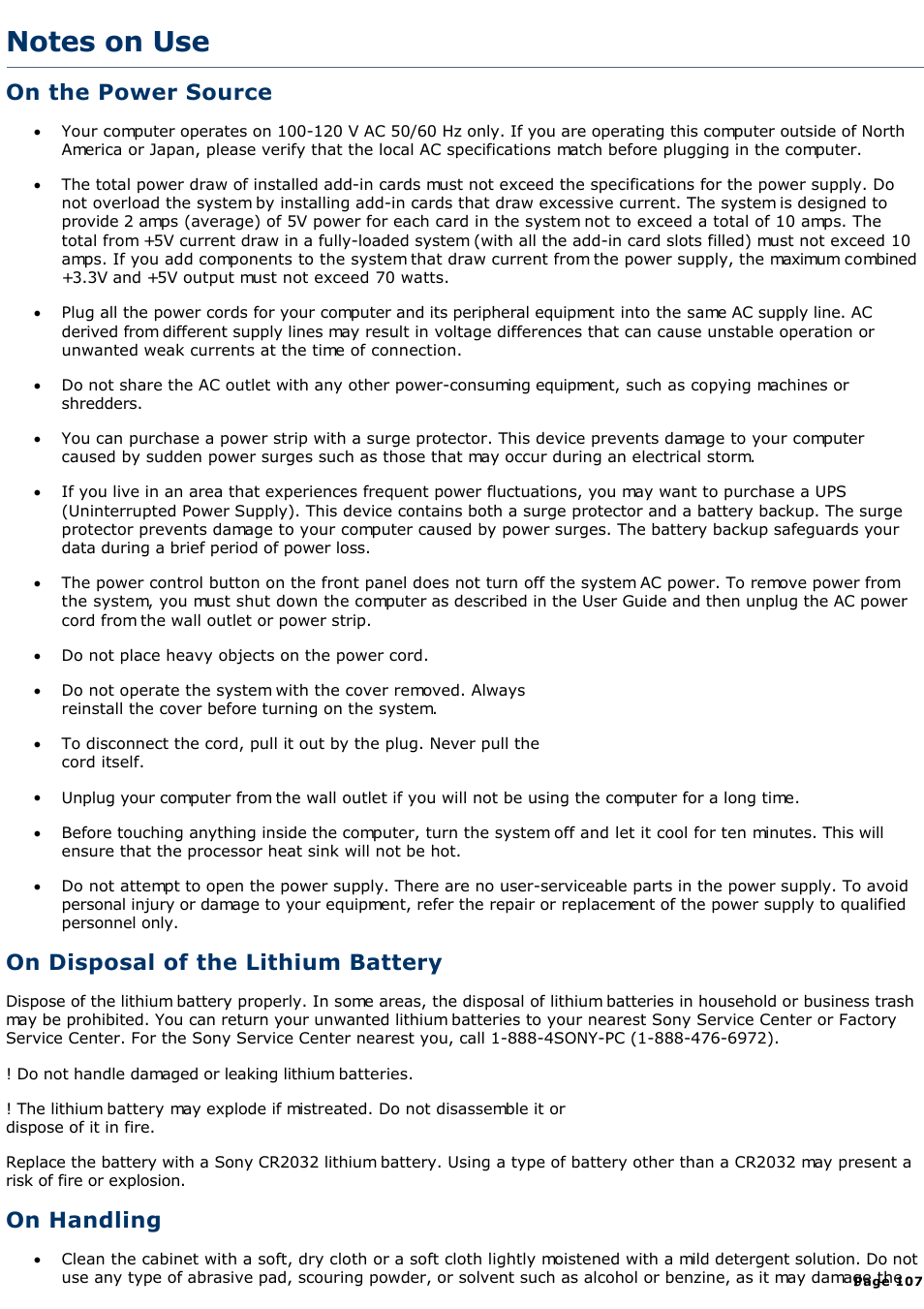 On cleaning cd or dvd media, On the power source, On disposal of the lithium battery | On handling | Sony PCV-R526DS User Manual | Page 107 / 245