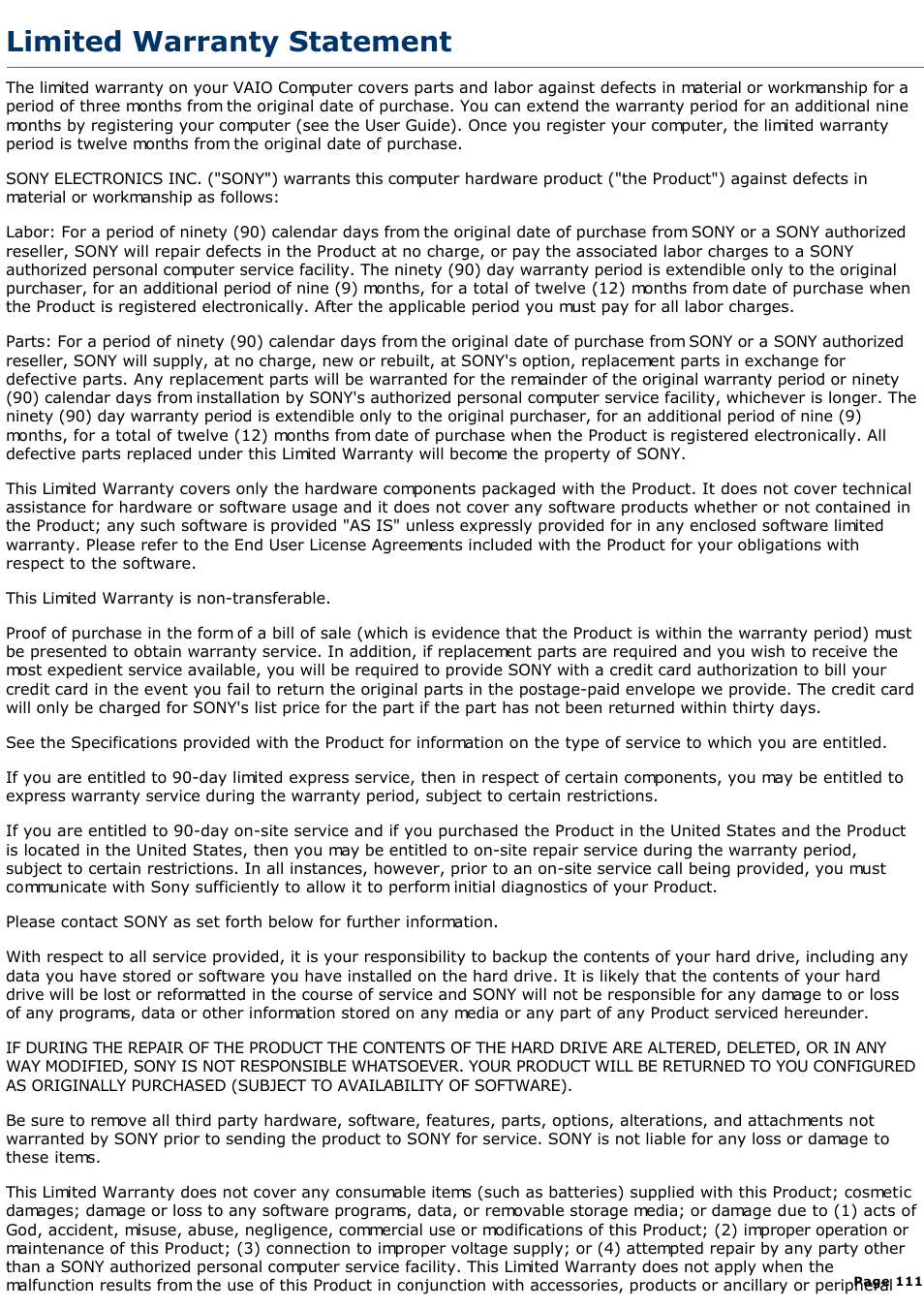 Limited warranty statement | Sony PCV-R526DS User Manual | Page 111 / 245