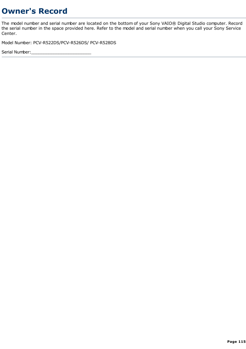 Owner's record | Sony PCV-R526DS User Manual | Page 115 / 245