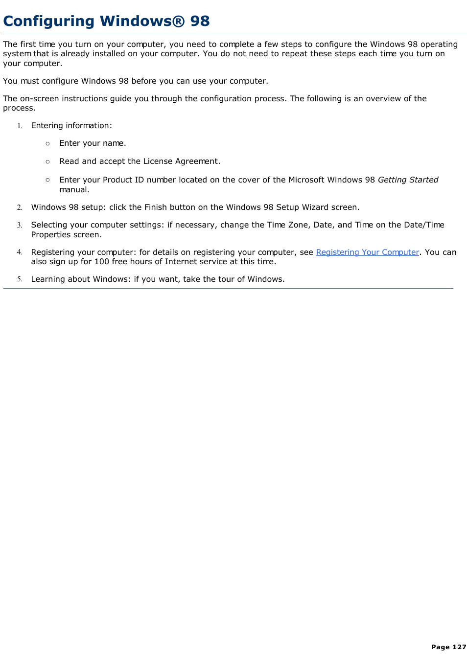 Configuring windows® 98, Configuring windows® 98 | Sony PCV-R526DS User Manual | Page 127 / 245