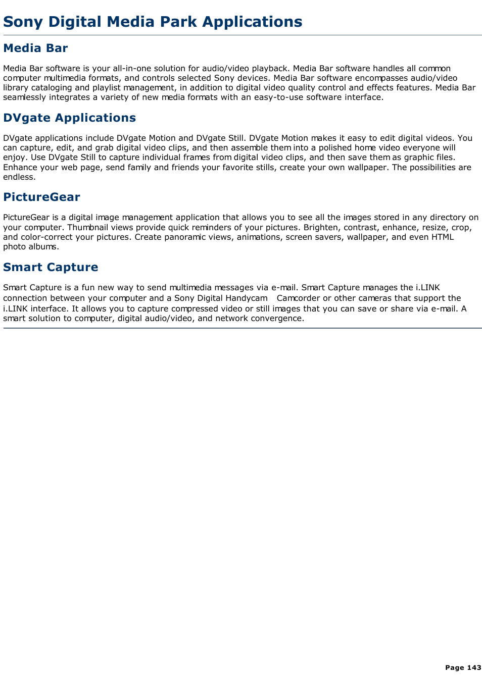 Picturegear, Sony digital media park applications, Media bar | Dvgate applications, Smart capture | Sony PCV-R526DS User Manual | Page 143 / 245