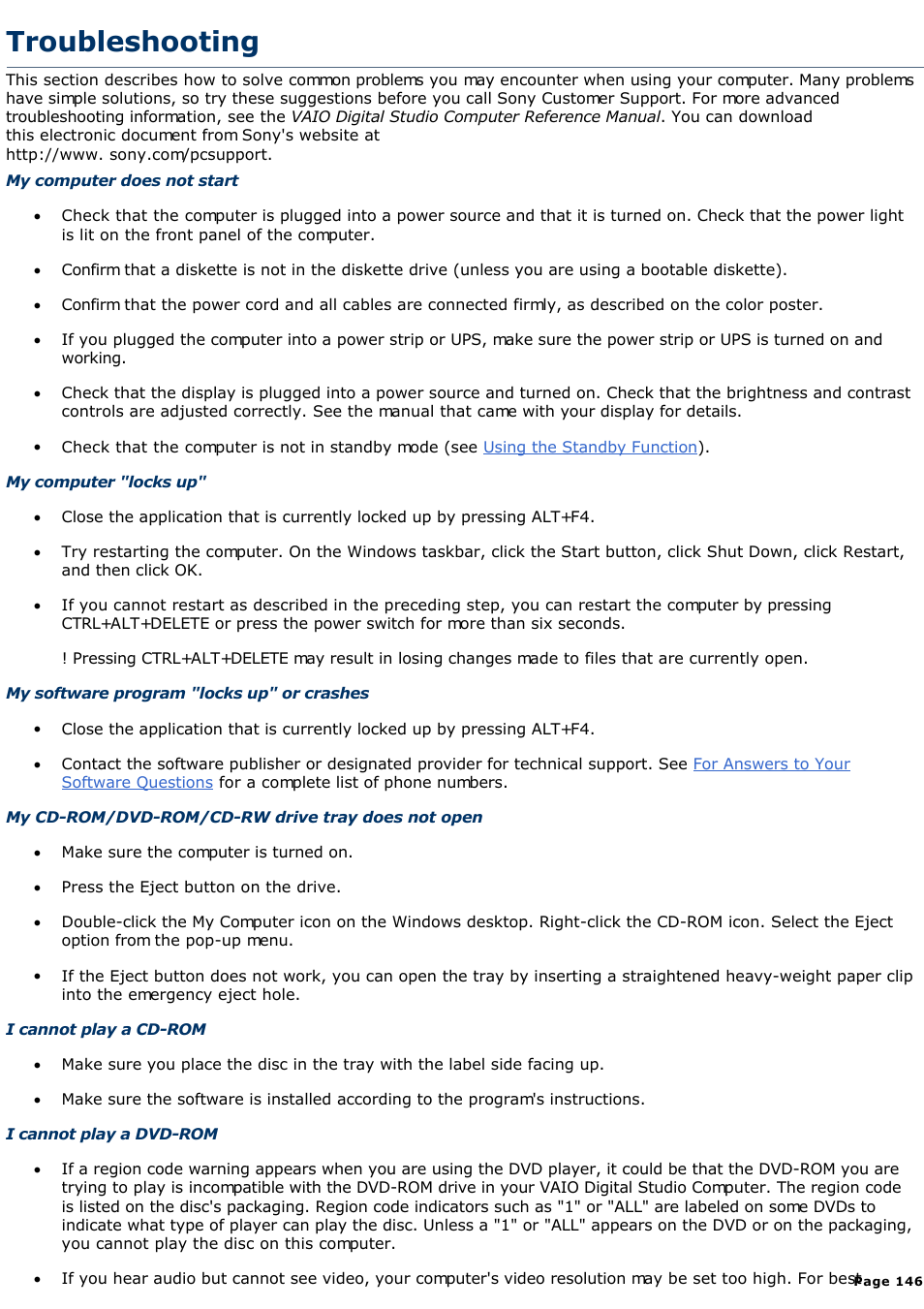 Troubleshooting | Sony PCV-R526DS User Manual | Page 146 / 245
