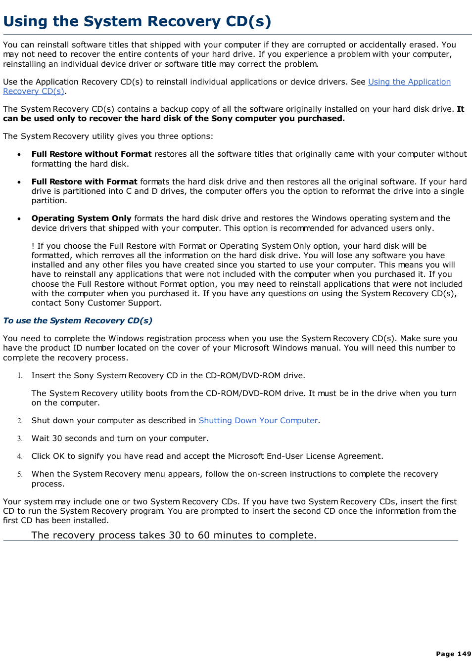 Using the system recovery cd(s) | Sony PCV-R526DS User Manual | Page 149 / 245
