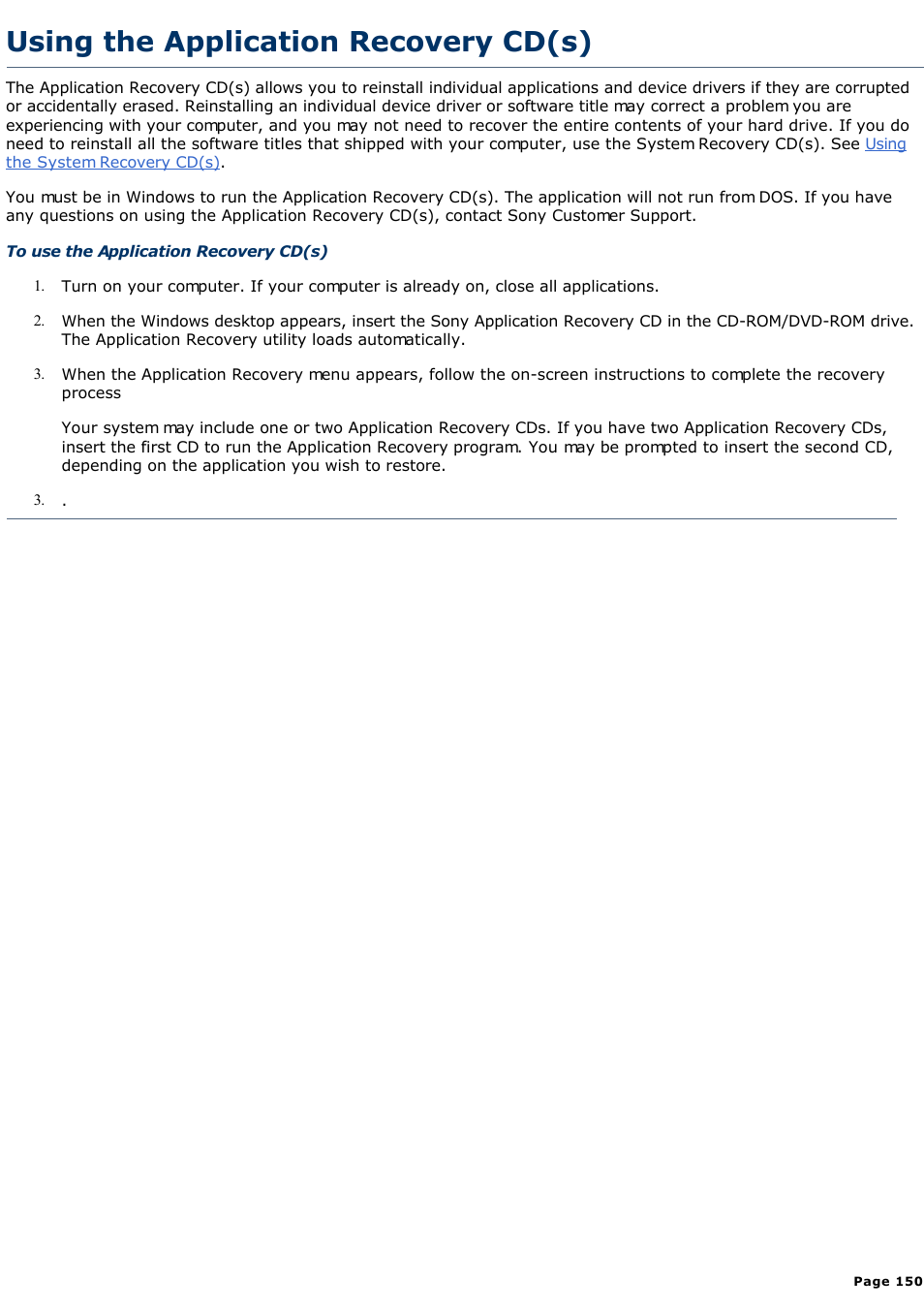 Using the application recovery cd(s), Using the application, Recovery cd(s) | Sony PCV-R526DS User Manual | Page 150 / 245