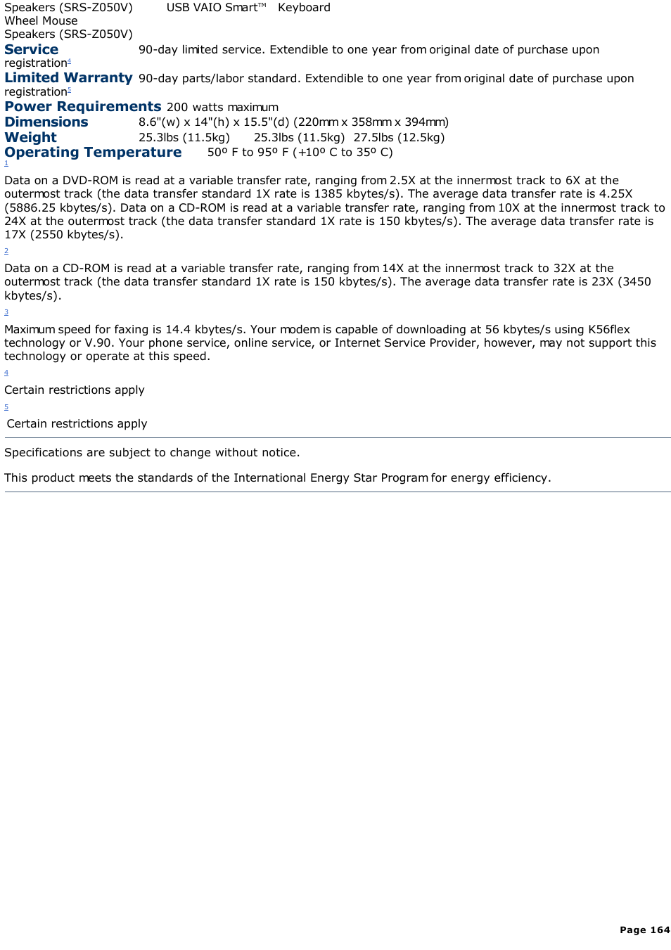 Service, Limited warranty, Power requirements | Dimensions, Weight, Operating temperature | Sony PCV-R526DS User Manual | Page 164 / 245