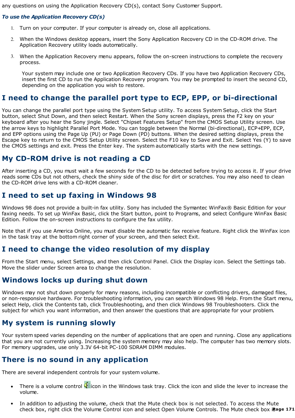 My cd-rom drive is not reading a cd, I need to set up faxing in windows 98, Windows locks up during shut down | My system is running slowly, There is no sound in any application | Sony PCV-R526DS User Manual | Page 171 / 245