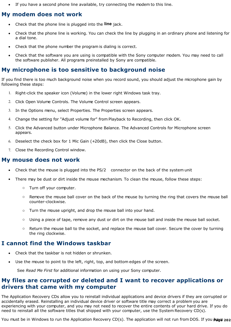 My modem does not work, My microphone is too sensitive to background noise, My mouse does not work | I cannot find the windows taskbar | Sony PCV-R526DS User Manual | Page 202 / 245