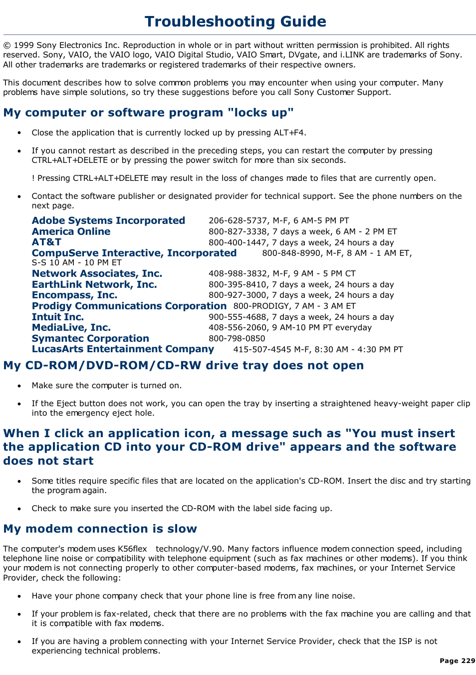 There is no sound in any application, Troubleshooting guide, My computer or software program "locks up | My cd-rom/dvd-rom/cd-rw drive tray does not open, My modem connection is slow | Sony PCV-R526DS User Manual | Page 229 / 245