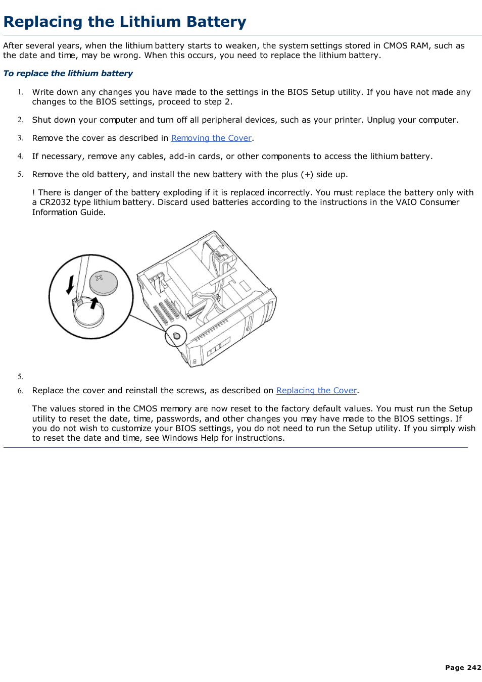 Replacing the lithium battery | Sony PCV-R526DS User Manual | Page 242 / 245