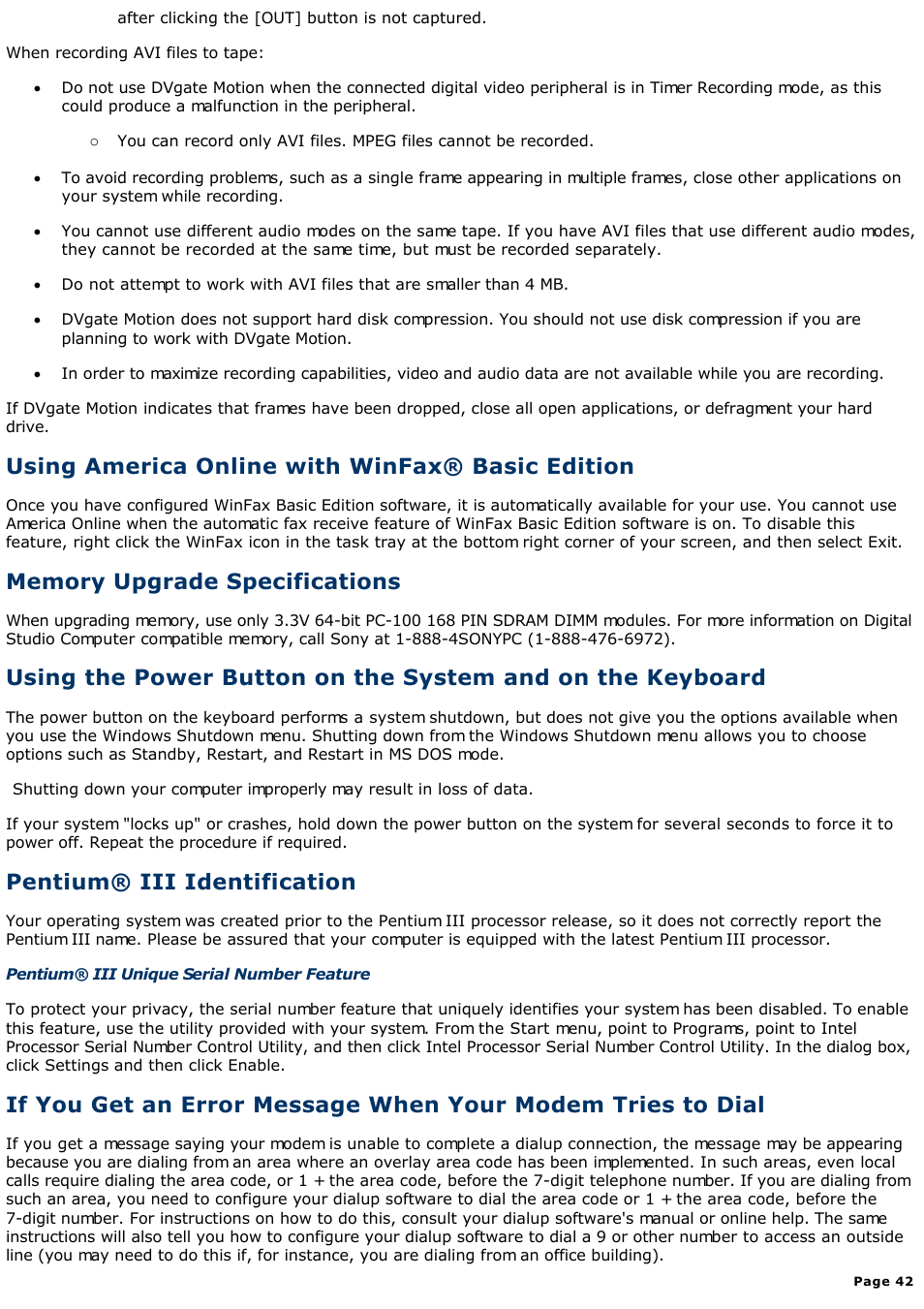 Using america online with winfax® basic edition, Pentium® iii identification | Sony PCV-R526DS User Manual | Page 42 / 245