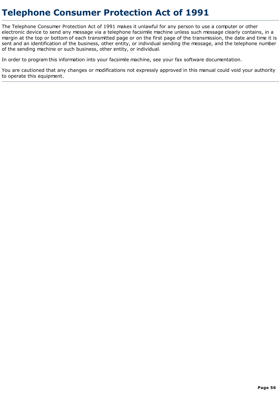 Telephone consumer protection act of 1991 | Sony PCV-R526DS User Manual | Page 56 / 245