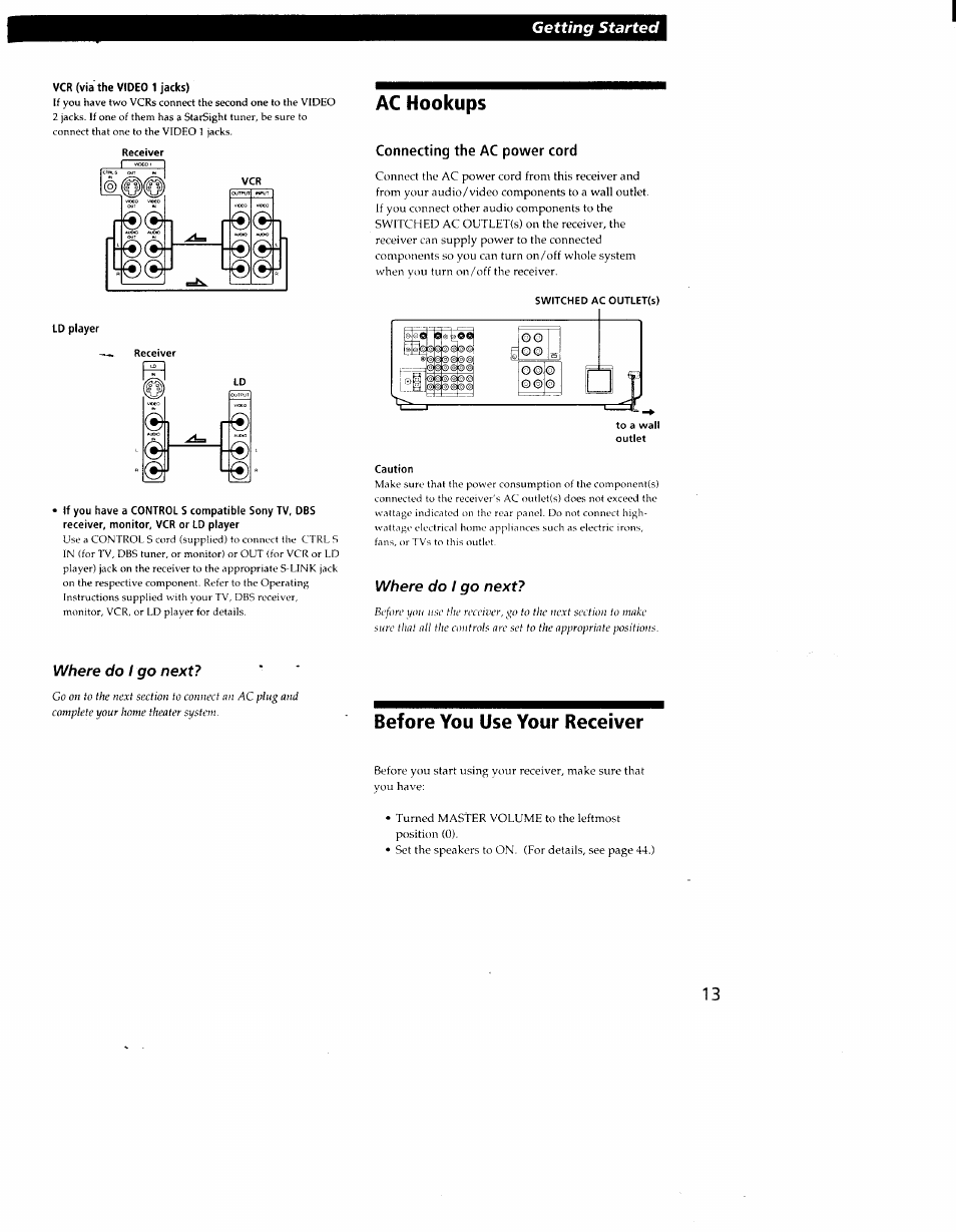 Ac hookups, Getting started, Where do i go next | Before you use your receiver | Sony STR-DE905G User Manual | Page 13 / 51