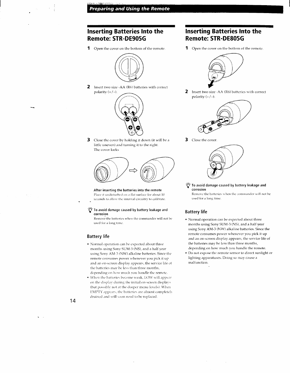 Inserting batteries into the remote: str-de905g, Inserting batteries into the remote: str-de805g, Preparing and using the remote | Sony STR-DE905G User Manual | Page 14 / 51